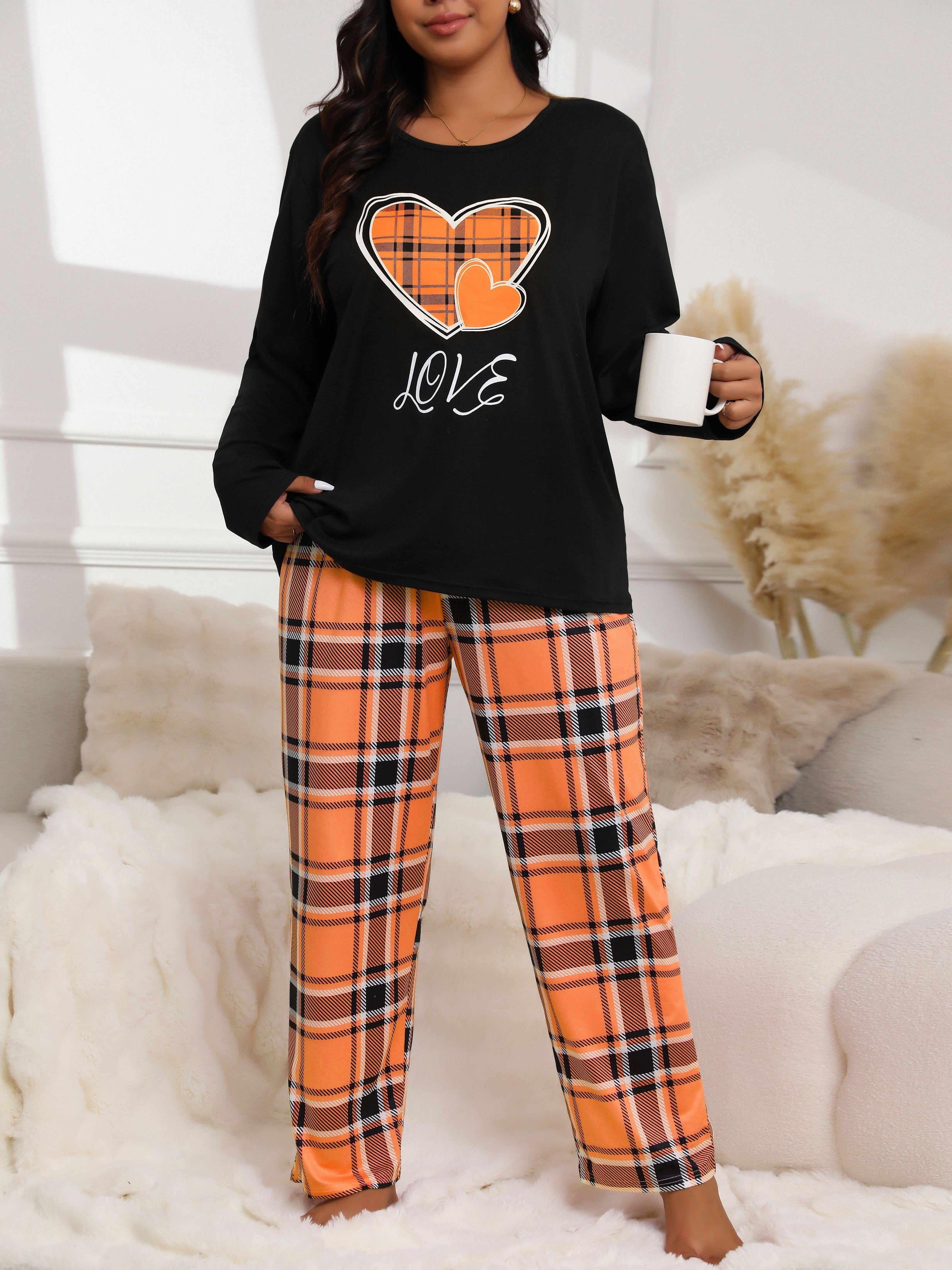 Plus Size Cozy Plaid Pajama Set - Soft Long Sleeve Top & Plaid Pants, Heart & Letter Print, Comfortable Lounge Wear for Fall & Winter, 2 Piece Set