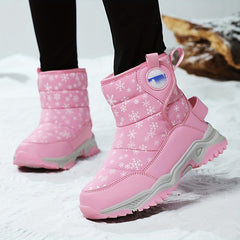 Girls' Winter Snow Boots - Warm Fashionable Versatile - Cute Stylish Snow Boots with Hook & Loop Closure, Geometric Pattern, Faux Leather Upper, Fabric Lining, Rubber Sole, Medium Height, Round Toe