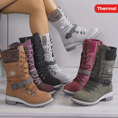 Mid Calf Thermal Women's Fashion Boots, Knitted Lace Up with Side Zipper, All-Match Outdoor