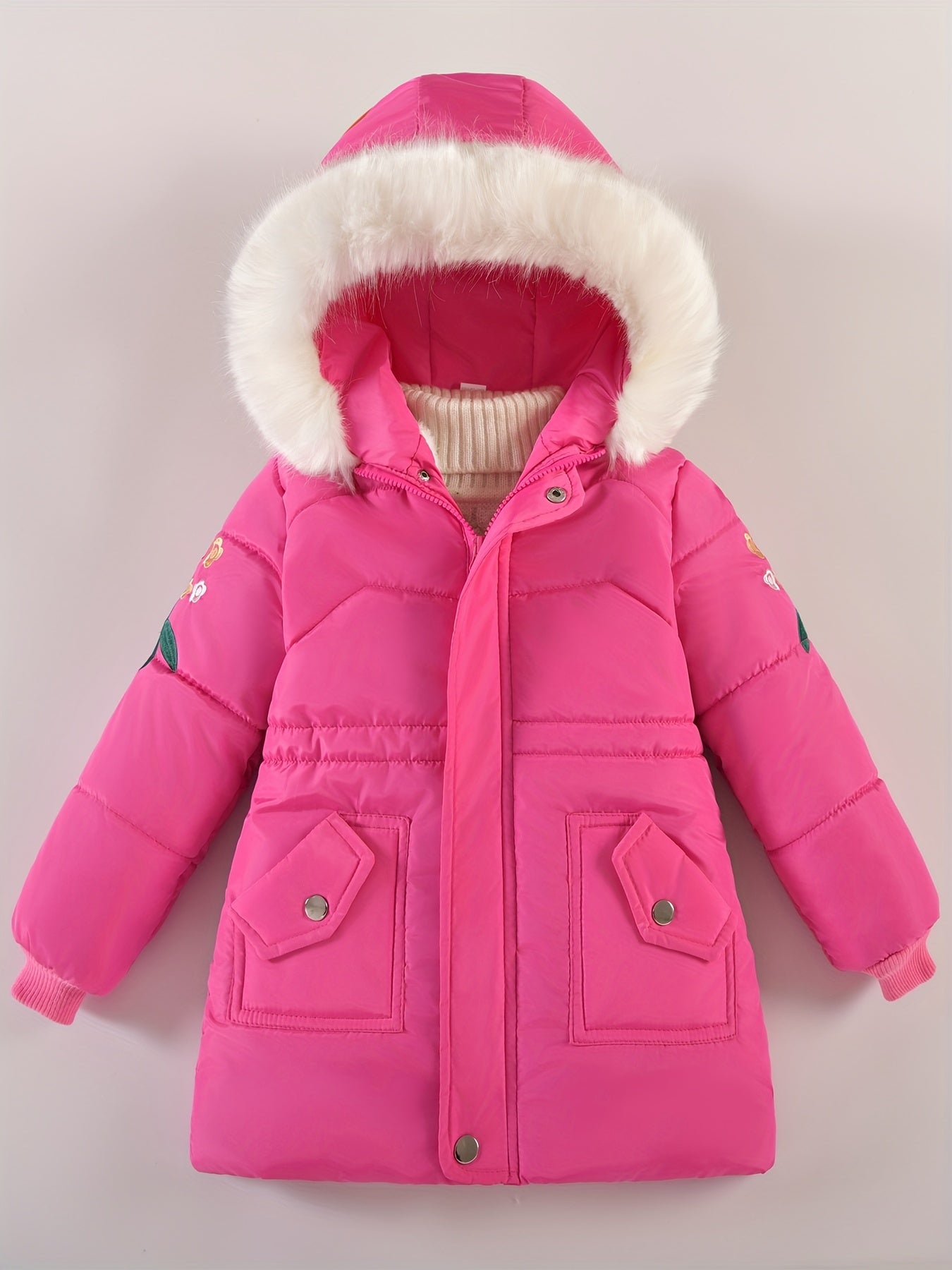 Girls Winter Puffer Jacket, Thick Coat With Hood, Casual Style, Warm Outerwear With Fur Trim Hood