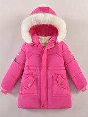 Girls Winter Puffer Jacket, Thick Coat With Hood, Casual Style, Warm Outerwear With Fur Trim Hood