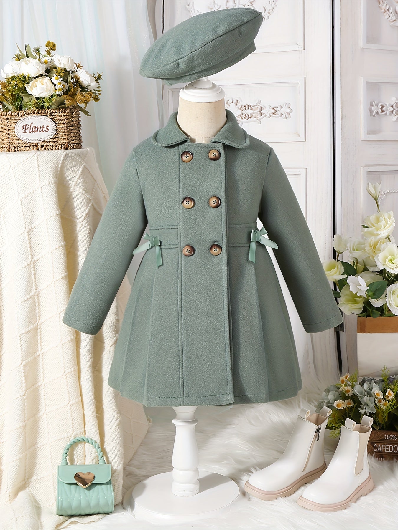 Chic Girls' Winter Coat with Bow Detail - Warm, Fashionable Double-Breasted Long Overcoat & Matching Hat Set for Youngsters