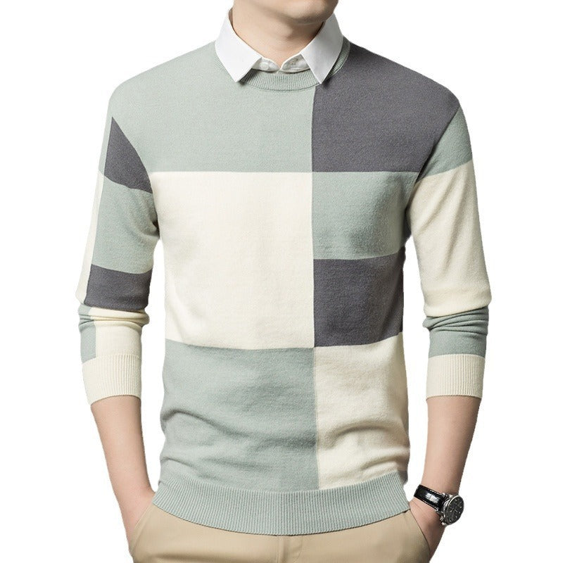 Men's Two-piece Color Stitching Turnover Neck Plaid Sweater