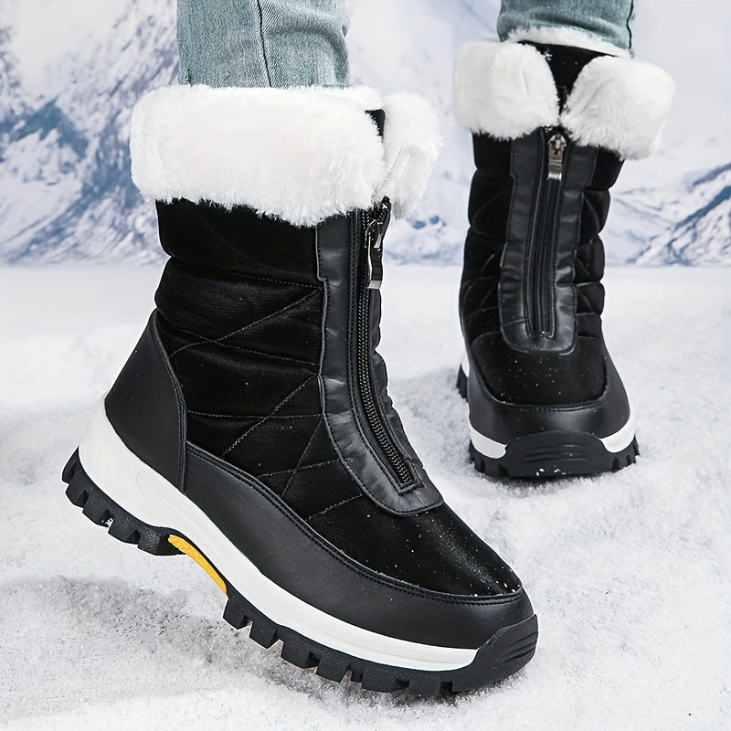 Comfortable Women's Plush Lined Platform Snow Boots, Fashion Front Zipper Outdoor Boots