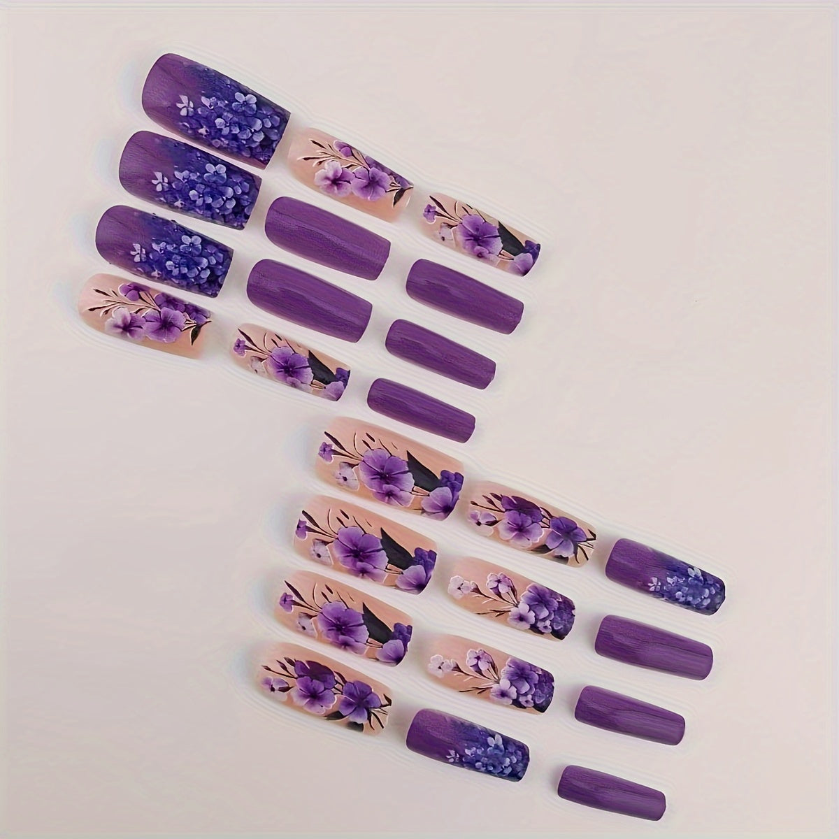 24pcs Blooming Beauty Press-On Nails Set, Mixed Purple Floral Design, Square Shape, Medium Length, Glossy Finish, Fashionable False Nails for Women, Perfect for Daily Wear, Parties, and Holidays, Includes Jelly Glue and Nail