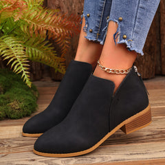 Chunky Heel Pointed Toe Ankle Boots With V-cut Design