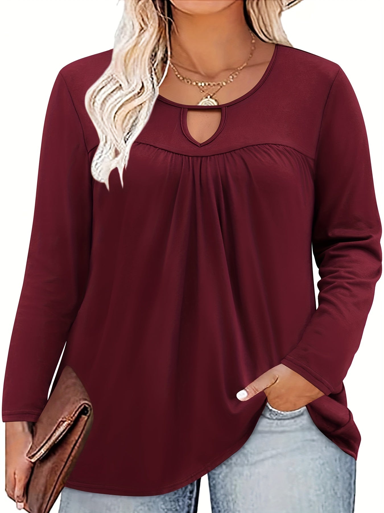 Stylish Plus Size Women's Long Sleeve Keyhole Crewneck Pleated Tunics Tee Blouse - Women Plus - Soft, Breathable, Relaxed Fit, Flattering Silhouette, Versatile Wardrobe Essential