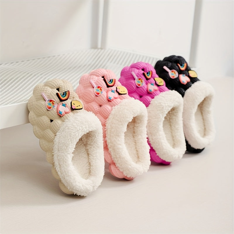 Cute Cartoon Plus Fleece House Shoes - Soft, Non-Slip, Comfortable, and Warm Indoor Walking Shoes for Girls in Autumn and Winter