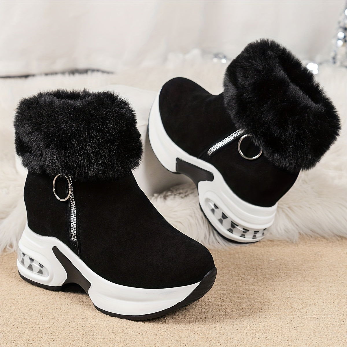 Women's Platform Short Boots, Comfortable Side Zipper Ankle Boots, Stylish Plush Lined Boots