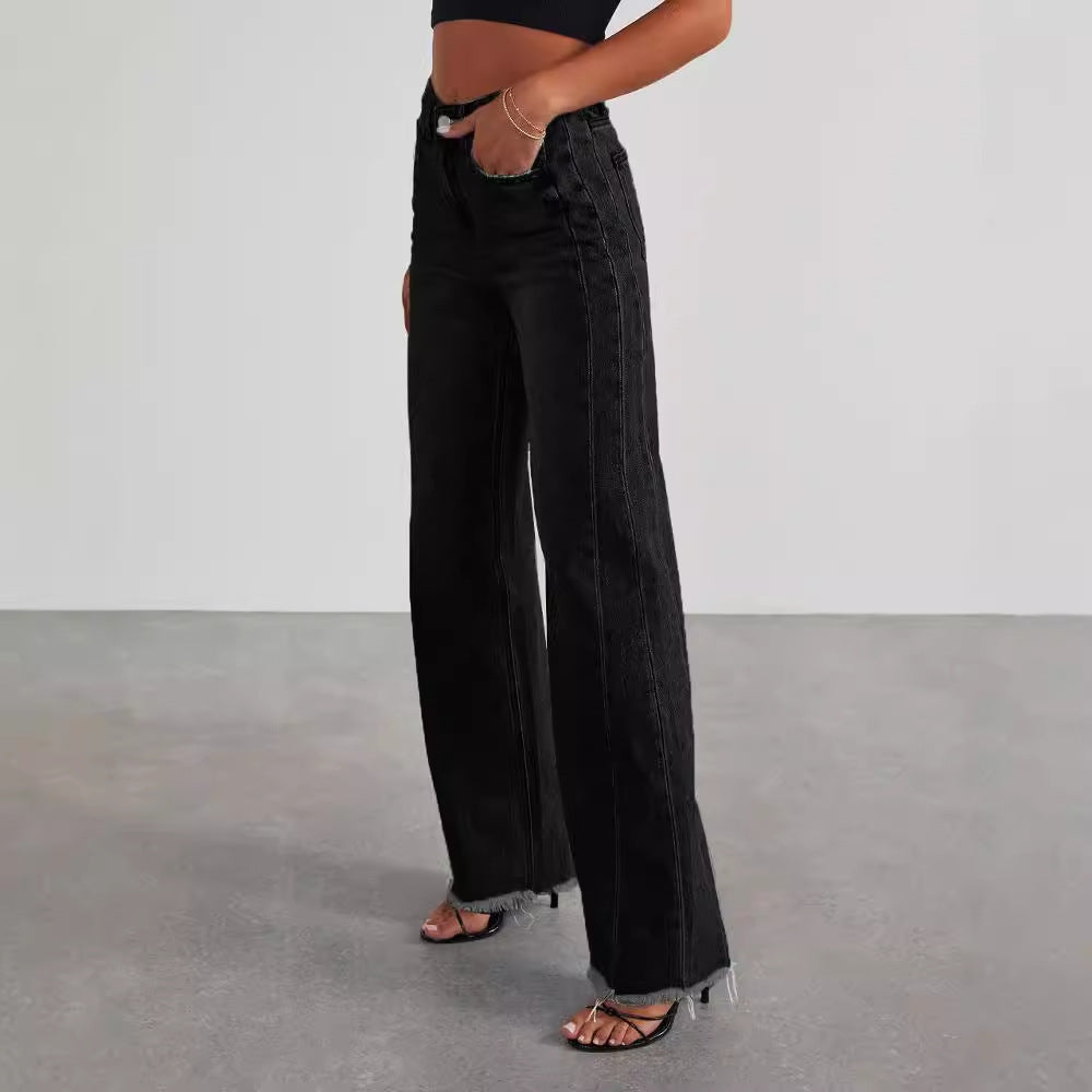 Fashion High Waist Jeans With Pockets Comfortable Slim Fit Straight Wide-leg Pants