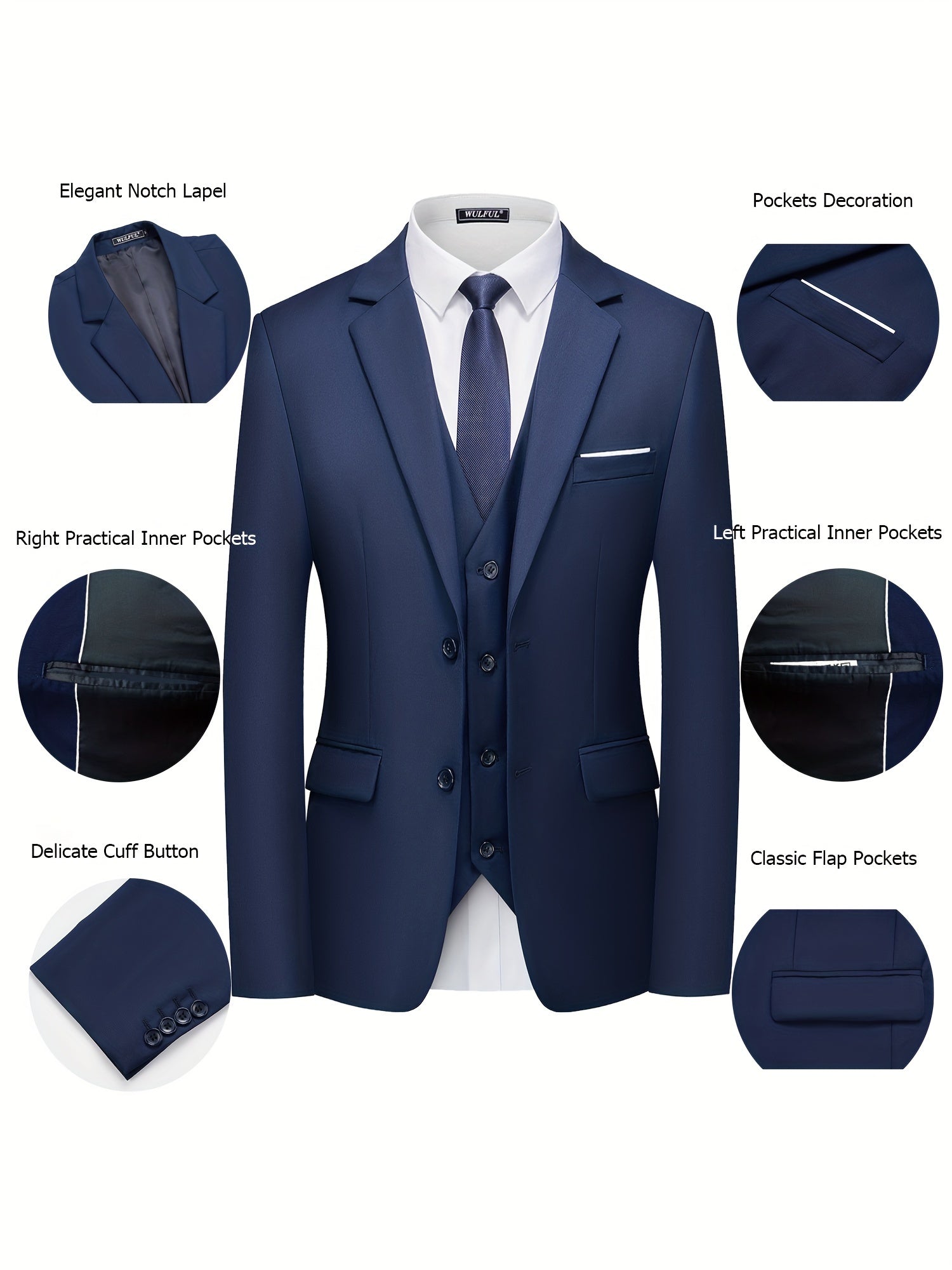 3-Piece Classic Solid Dress Suit Set - Single-Breasted Jacket, Vest, and Trousers - Formal Attire for Men, Perfect for Weddings, Job Interviews, and Business Meetings