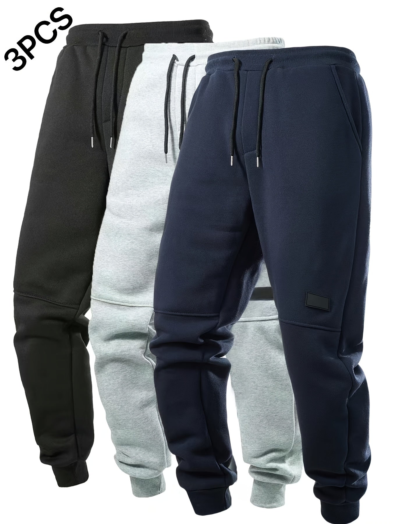 3pcs Solid Color Men's Casual Joggers With Pockets, Drawstring Pants For Sport And Casual Wear