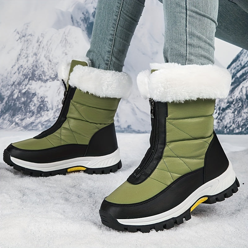 Comfortable Women's Plush Lined Platform Snow Boots, Fashion Front Zipper Outdoor Boots