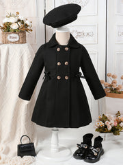 Chic Girls' Winter Coat with Bow Detail - Warm, Fashionable Double-Breasted Long Overcoat & Matching Hat Set for Youngsters