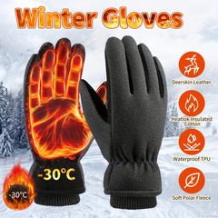 -30°F Thermal Insulated OZERO Winter Gloves - Deerskin Suede Leather Water-resistant Windproof Gloves for Driving, Hiking, Snow Work in Cold Weather - Warm Gifts for Men and Women