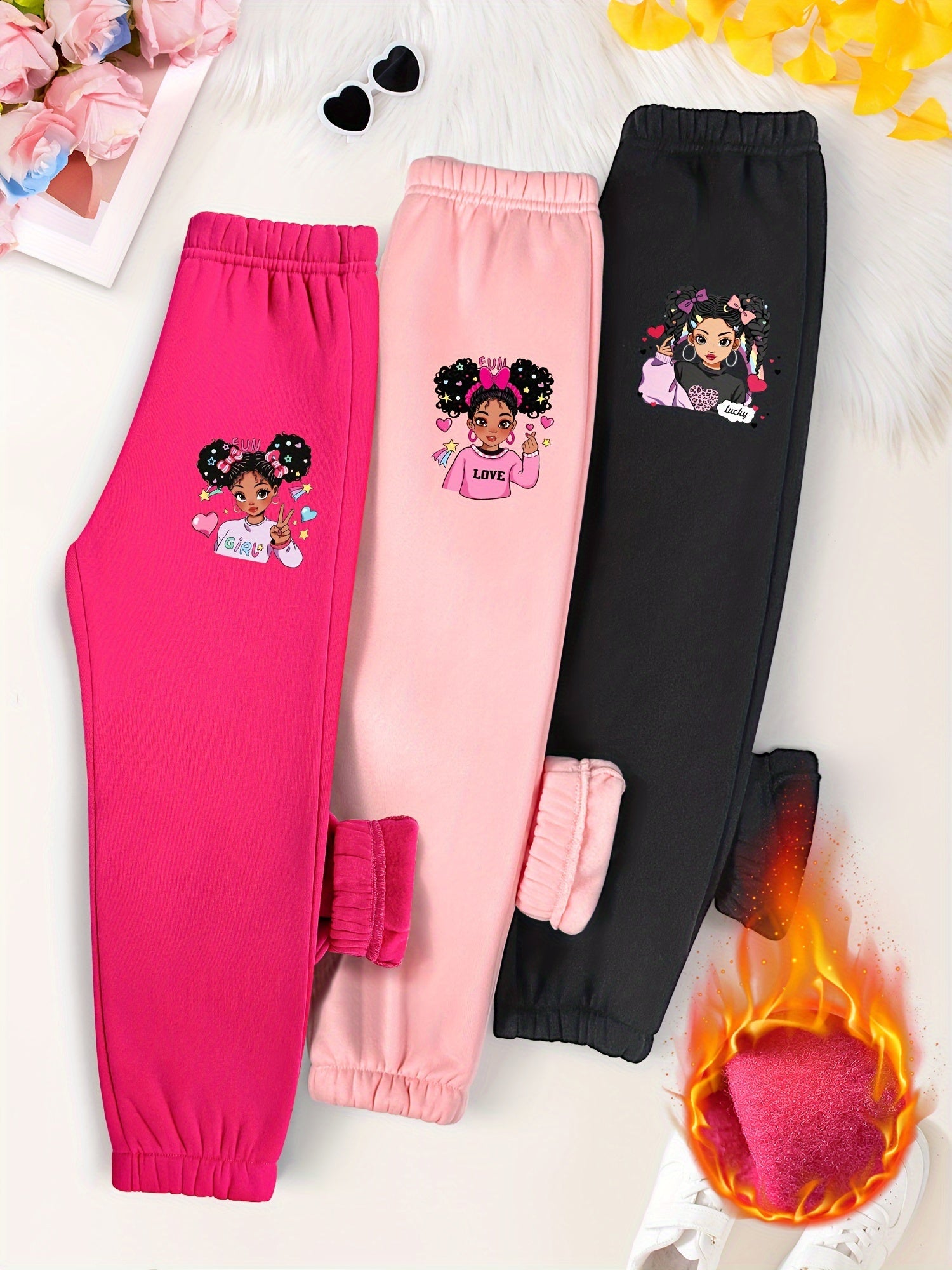 3PCS Cozy Cartoon Girl Graphic Print Plush Lined Sweatpants Set for Girls - Warm and Comfy Pants & Capris for Fall and Winter Outdoors - Soft, Fleece-Lined, and Adorable Graphic Design