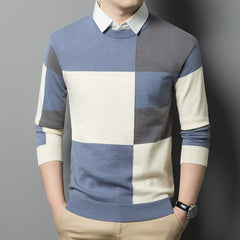 Men's Two-piece Color Stitching Turnover Neck Plaid Sweater