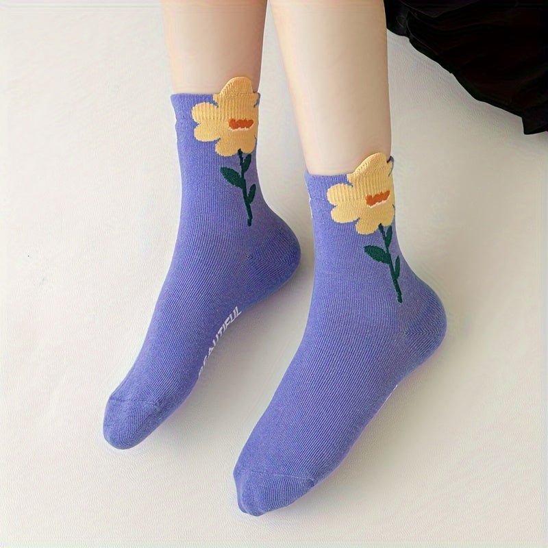 4 Pairs of Girls' Flower Pattern Cotton Crew Socks - Soft, Breathable, Comfortable, and Lovely for Daily Wear