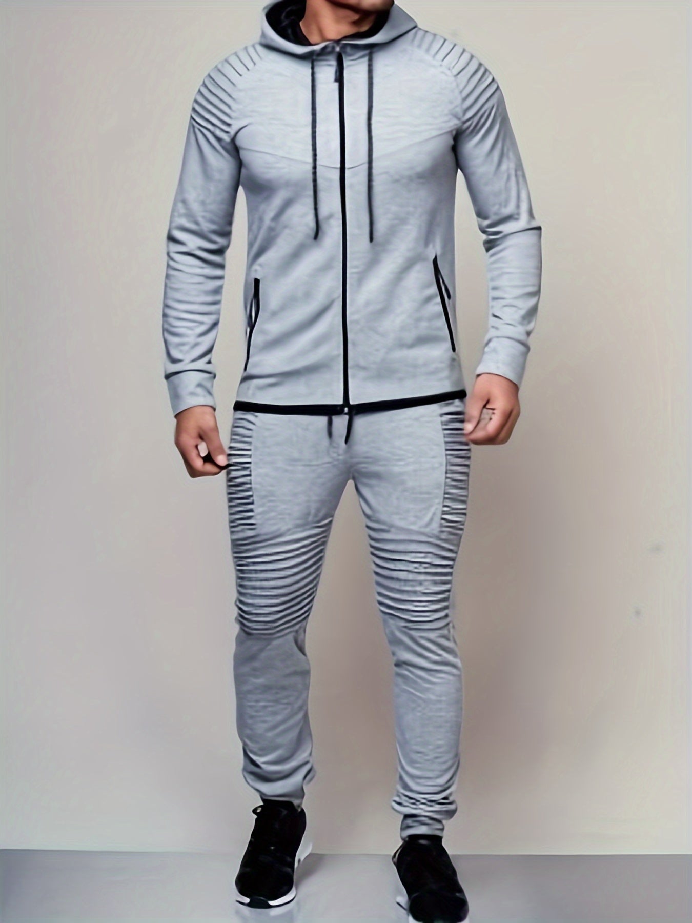 Mens Casual 2PCS Set, Solid Color Long Sleeve Straps Hoodie Zip Pockets Top, Long Loose Drawing Straps Pants, Sweatsuits