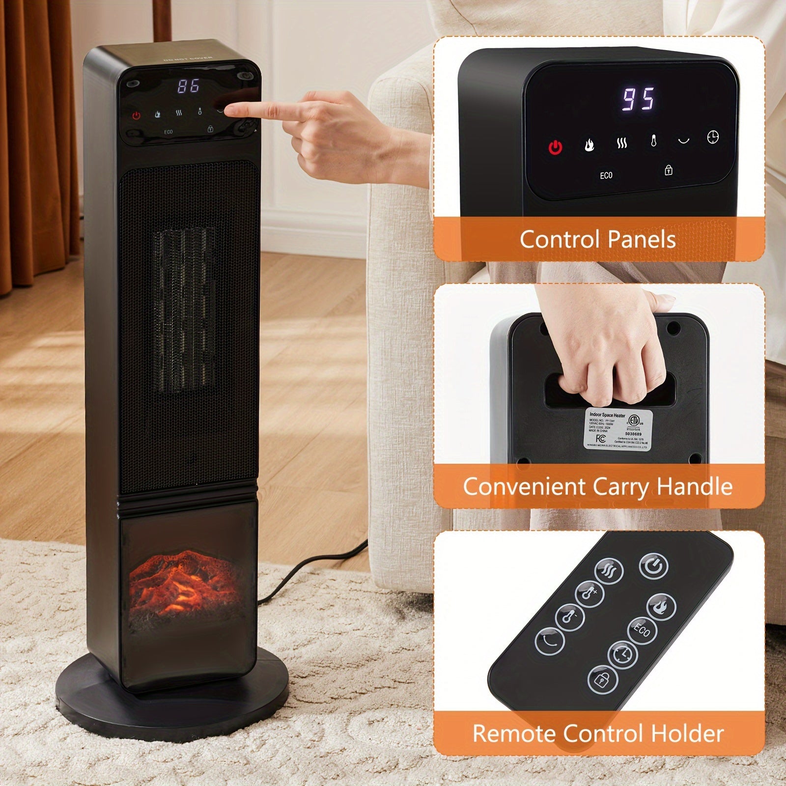 1500W Fast Electric Portable Space Heater for Indoor Use with Remote and Thermostat, 4 Modes, 26" Vertical, 12 Hour Timed Schedule, Overheating & Tip-Over Protection, Black Color