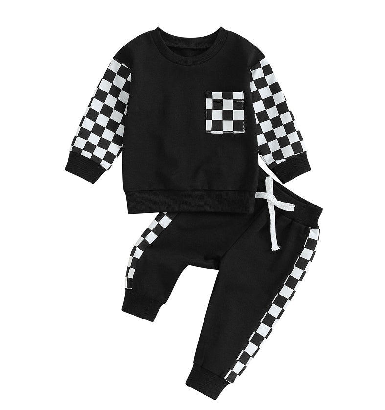 Boys' Chessboard Plaid Patchwork Sweater Sweatpants 2-piece Set