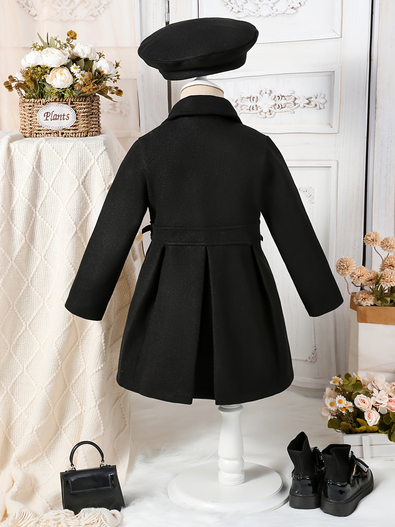 Chic Girls' Winter Coat with Bow Detail - Warm, Fashionable Double-Breasted Long Overcoat & Matching Hat Set for Youngsters