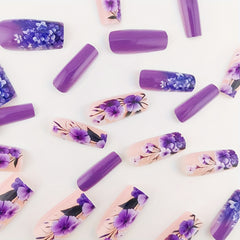 24pcs Blooming Beauty Press-On Nails Set, Mixed Purple Floral Design, Square Shape, Medium Length, Glossy Finish, Fashionable False Nails for Women, Perfect for Daily Wear, Parties, and Holidays, Includes Jelly Glue and Nail