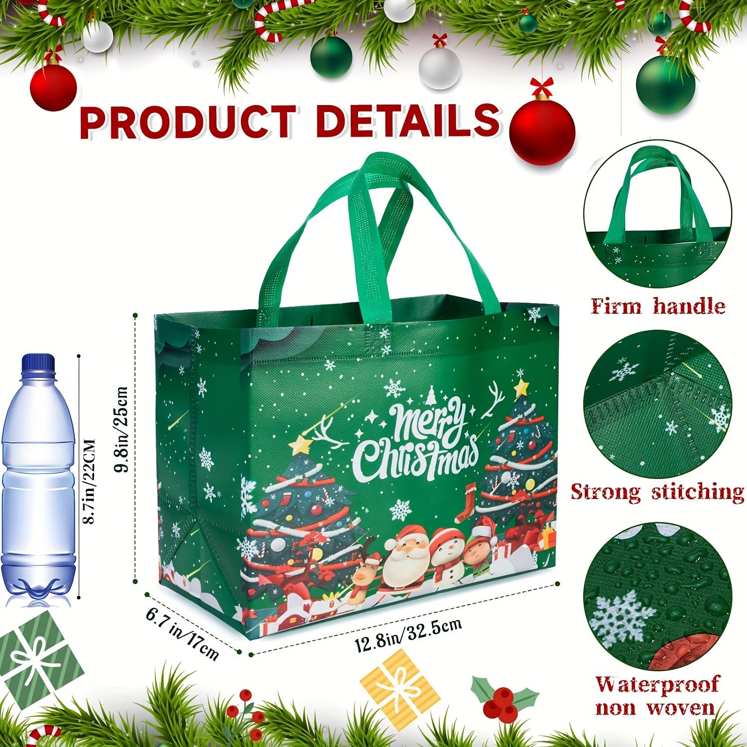 8/16pcs Set Large Christmas Gift Bags with Handles - Reusable Non-Woven Tote Bags for Holiday Shopping & Decor, Durable & Foldable, Featuring Santa, Elk, Tree Designs - 12.8"x9.8"x6.7"