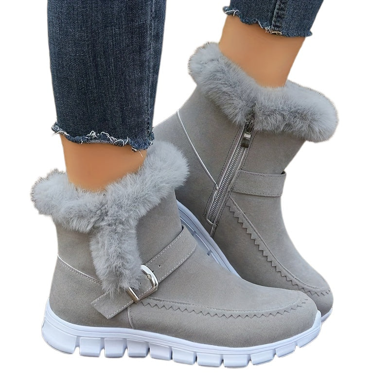 All-Season Thermal & Plush-Lined Women's Chelsea Boots with Side Zipper, Fluffy Trim, and Flat Platform Heel