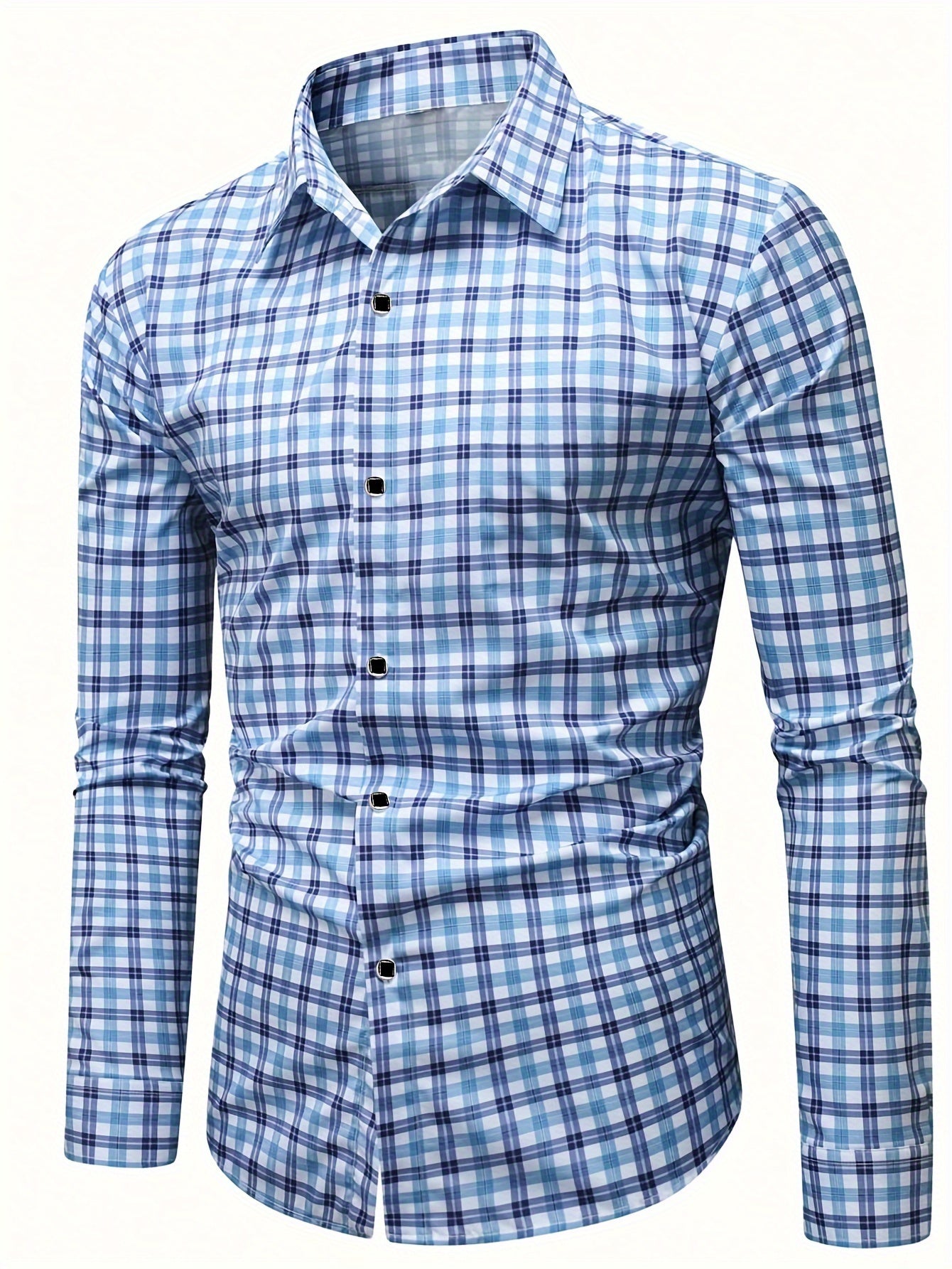 Men's Slim-Fit Plaid Dress Shirt - Polyester, Machine Washable, Button Detail, All-Season Comfort