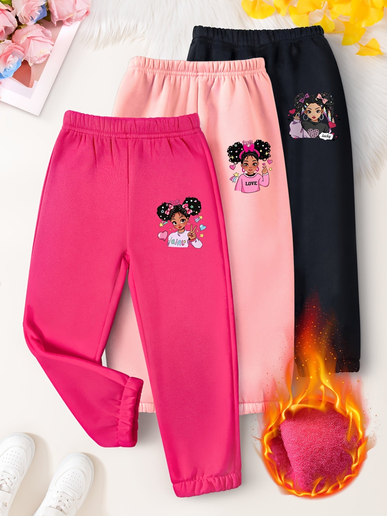 3PCS Cozy Cartoon Girl Graphic Print Plush Lined Sweatpants Set for Girls - Warm and Comfy Pants & Capris for Fall and Winter Outdoors - Soft, Fleece-Lined, and Adorable Graphic Design