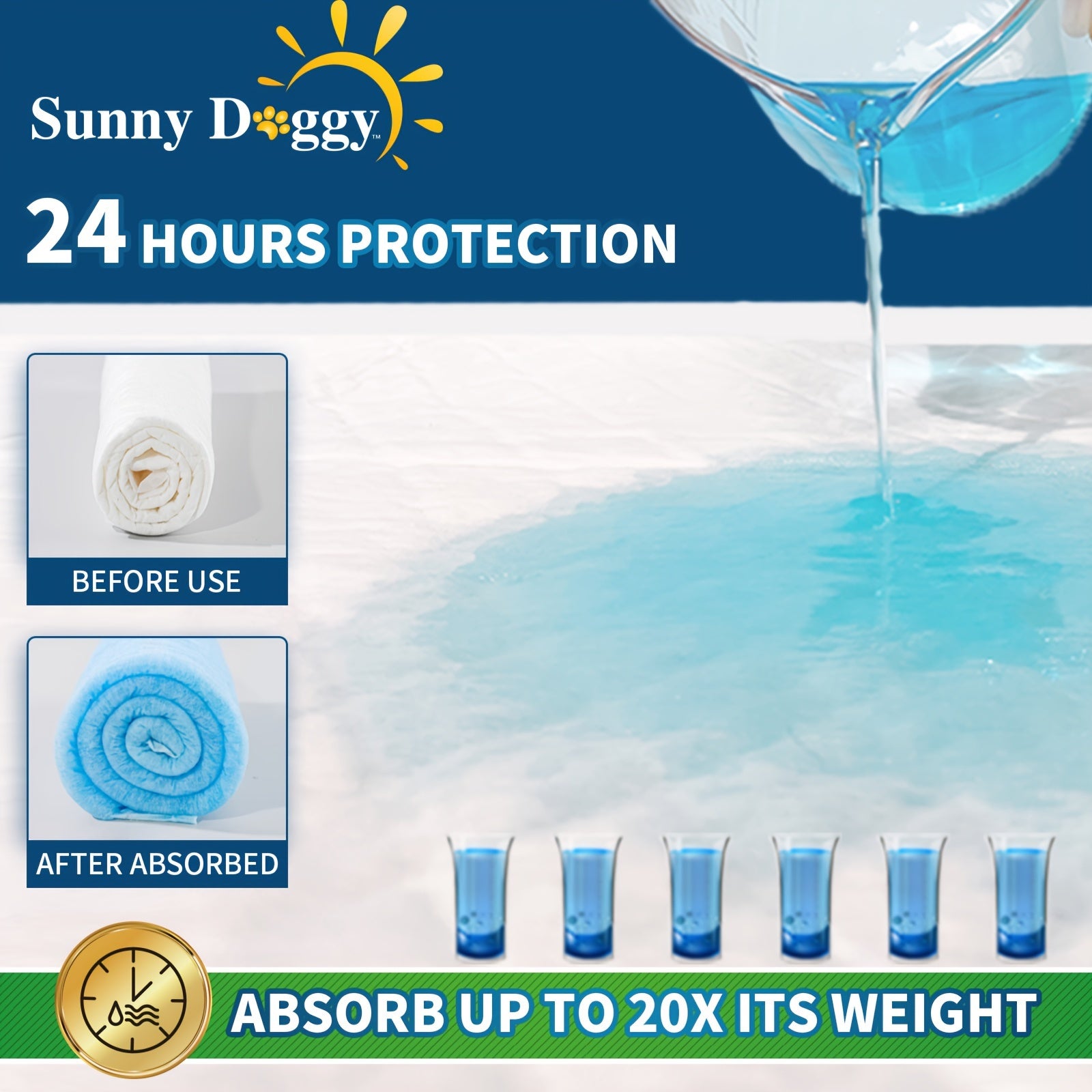 120 Count Large 22"x 22" Sunny Doggy Pee Pads - Ultra Absorbent, Leak-Proof, Upgraded Odor Control, Disposable, Pet Training Pads for Easy Dog Housebreaking & Puppy Supplies - Perfect for Large Breeds and Pet Owners on-the-go