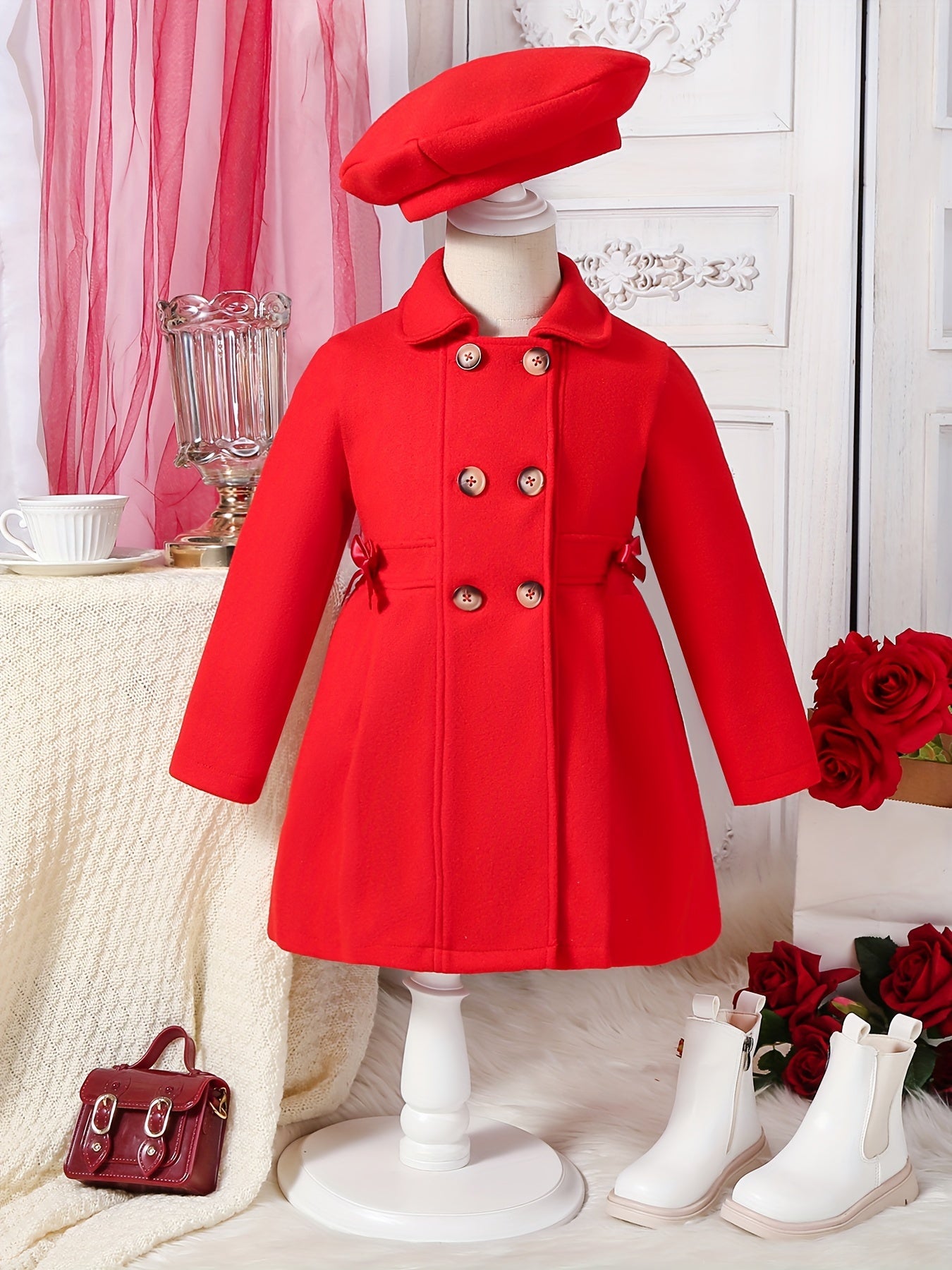 Chic Girls' Winter Coat with Bow Detail - Warm, Fashionable Double-Breasted Long Overcoat & Matching Hat Set for Youngsters