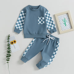 Boys' Chessboard Plaid Patchwork Sweater Sweatpants 2-piece Set