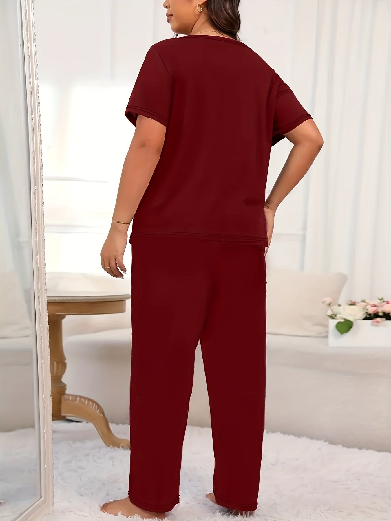 Women's Plus Casual Lounge Set, Plus Size Letter & Heart Print Short Sleeve Top & Pants Pajamas 2 Piece Set