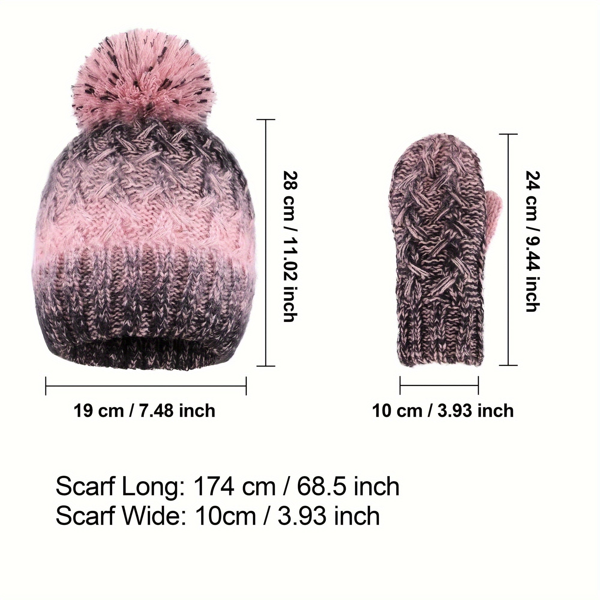 3pcs/set Winter Accessory Kit - Soft Gradient Color Knitted Scarf, Thick Warm Beanie with Pom Pom, Elastic Coldproof Gloves, Long Elegant Neck Scarf for Cold Weather - Warmth and Style Guaranteed