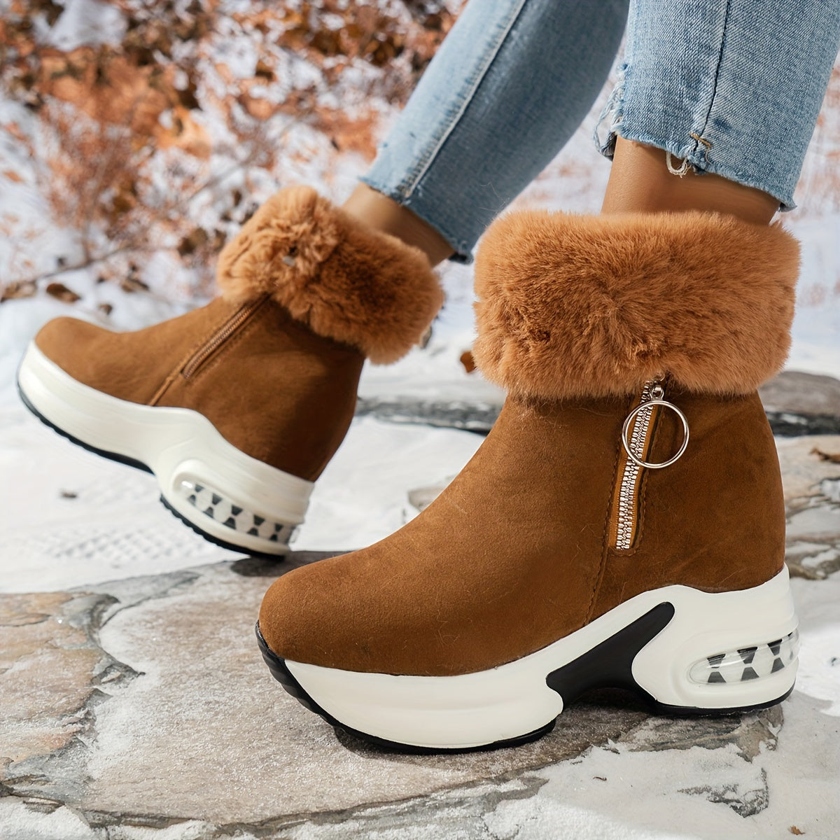 Women's Platform Short Boots, Comfortable Side Zipper Ankle Boots, Stylish Plush Lined Boots