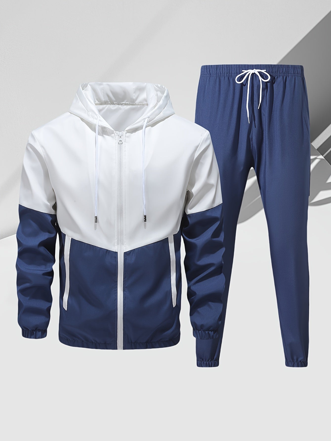 2-Piece Mens Athletic Wear Set - Premium Hooded Jacket and Comfortable Pants with Elastic Waistband, Trendy Color Block Design, Perfect for Spring/Autumn, Youth Fashion Trend, Casual and Sports Style