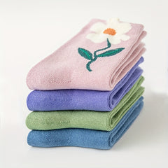 4 Pairs of Girls' Flower Pattern Cotton Crew Socks - Soft, Breathable, Comfortable, and Lovely for Daily Wear