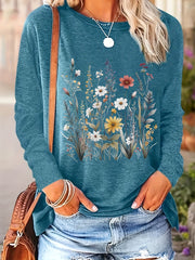 Plus Size Floral Bloom Crew Neck Long Sleeve Top - Soft, Breathable, Relaxed Fit, Casual Chic Style for Spring & Fall - Women's Comfortable Plus Size Clothing for Daily Wear