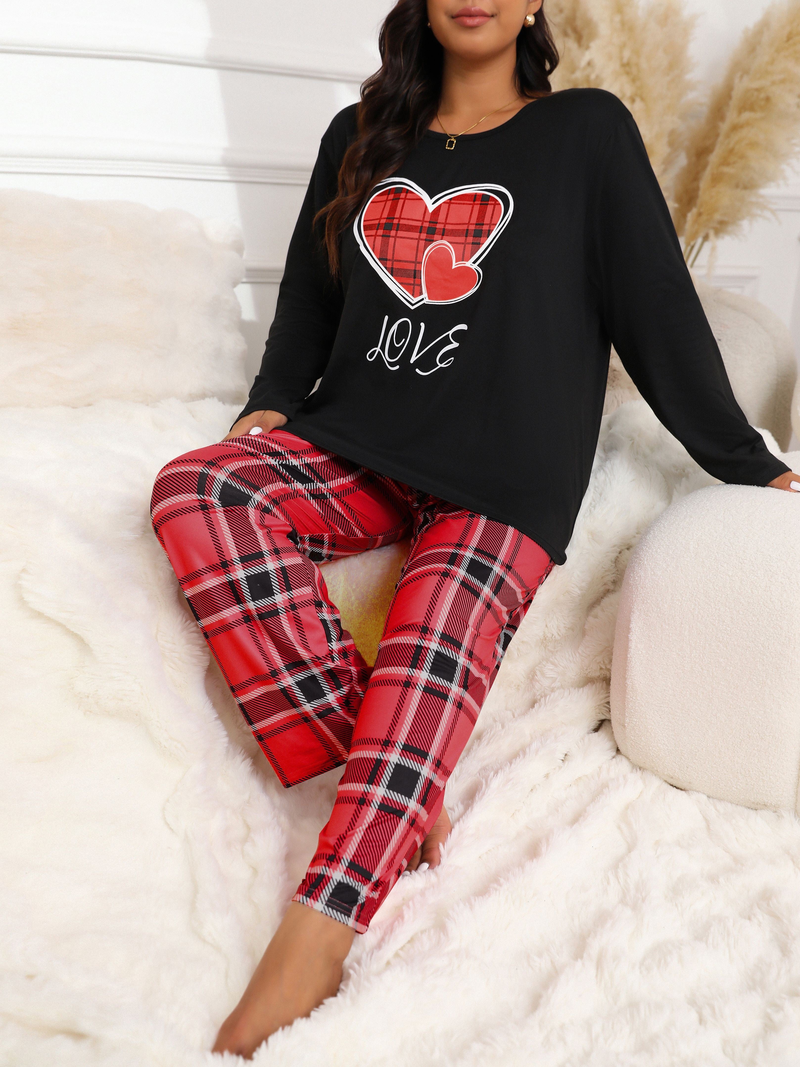 Plus Size Cozy Plaid Pajama Set - Soft Long Sleeve Top & Plaid Pants, Heart & Letter Print, Comfortable Lounge Wear for Fall & Winter, 2 Piece Set