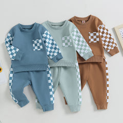 Boys' Chessboard Plaid Patchwork Sweater Sweatpants 2-piece Set