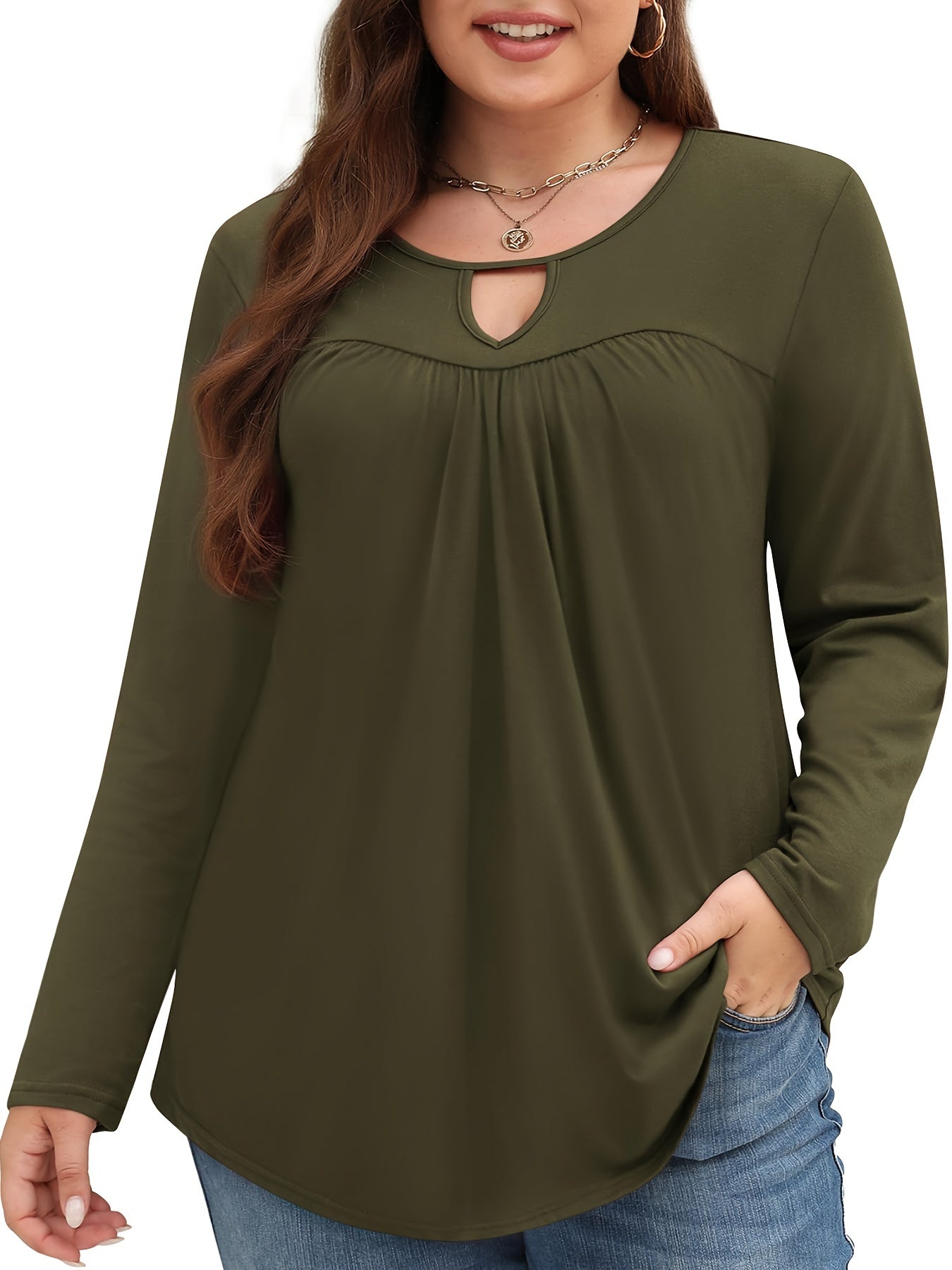 Stylish Plus Size Women's Long Sleeve Keyhole Crewneck Pleated Tunics Tee Blouse - Women Plus - Soft, Breathable, Relaxed Fit, Flattering Silhouette, Versatile Wardrobe Essential