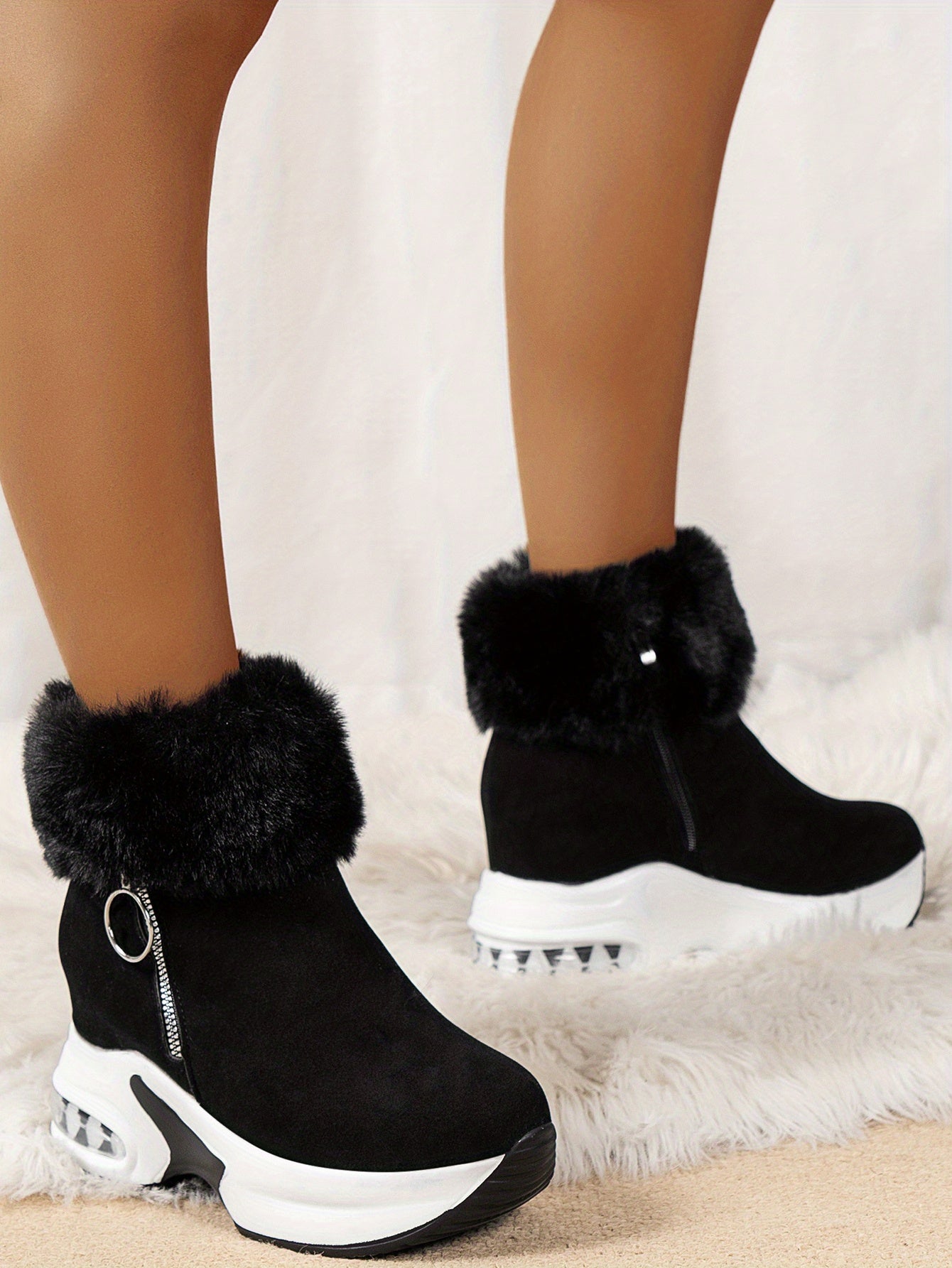 Women's Platform Short Boots, Comfortable Side Zipper Ankle Boots, Stylish Plush Lined Boots