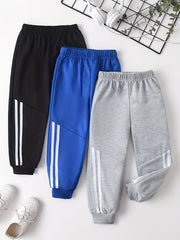 3-pack Boys Elastic Waist Joggers With Side Stripe Design, Spring/Fall Sweatpants For Outdoor And Daily Wear