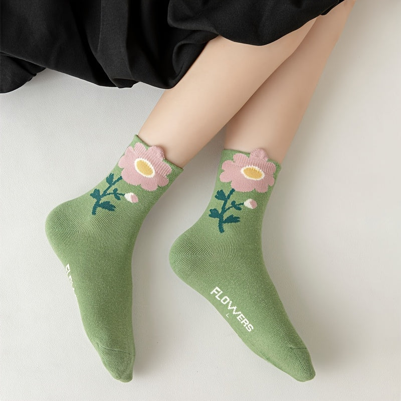 4 Pairs of Girls' Flower Pattern Cotton Crew Socks - Soft, Breathable, Comfortable, and Lovely for Daily Wear