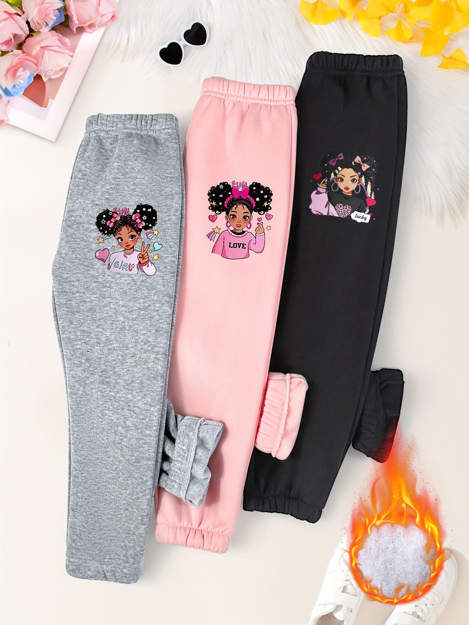 3PCS Cozy Cartoon Girl Graphic Print Plush Lined Sweatpants Set for Girls - Warm and Comfy Pants & Capris for Fall and Winter Outdoors - Soft, Fleece-Lined, and Adorable Graphic Design