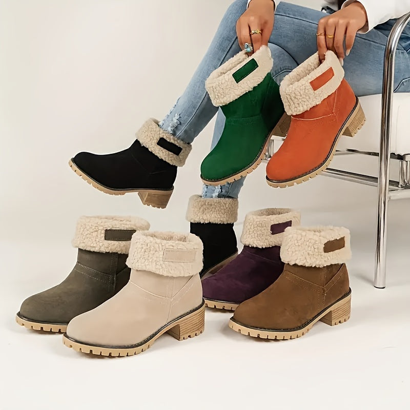 Women's Solid Color Chunky Heel Boots, Casual Slip On Plush Lined Boots, Comfortable Winter Ankle Boots