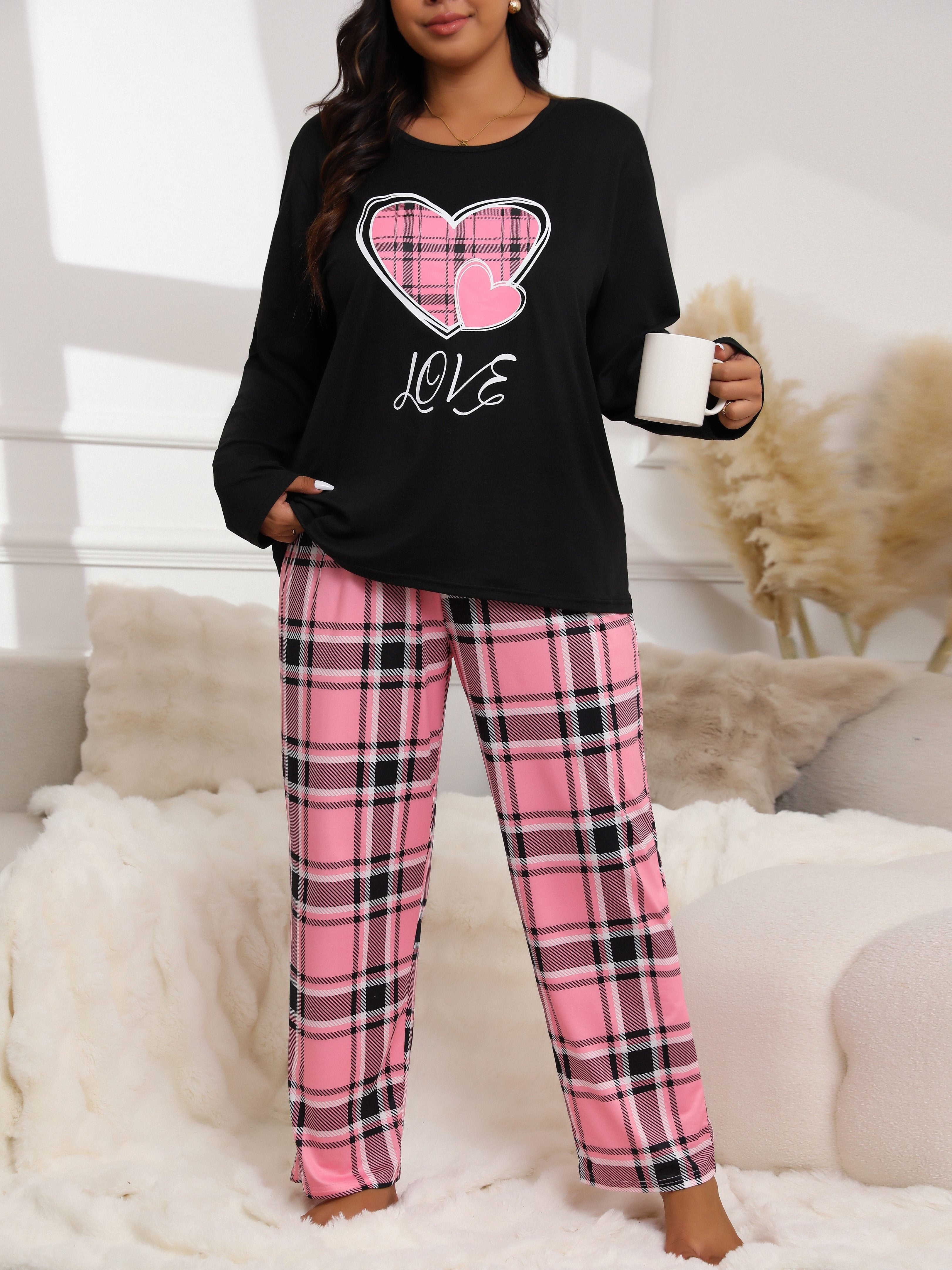 Plus Size Cozy Plaid Pajama Set - Soft Long Sleeve Top & Plaid Pants, Heart & Letter Print, Comfortable Lounge Wear for Fall & Winter, 2 Piece Set