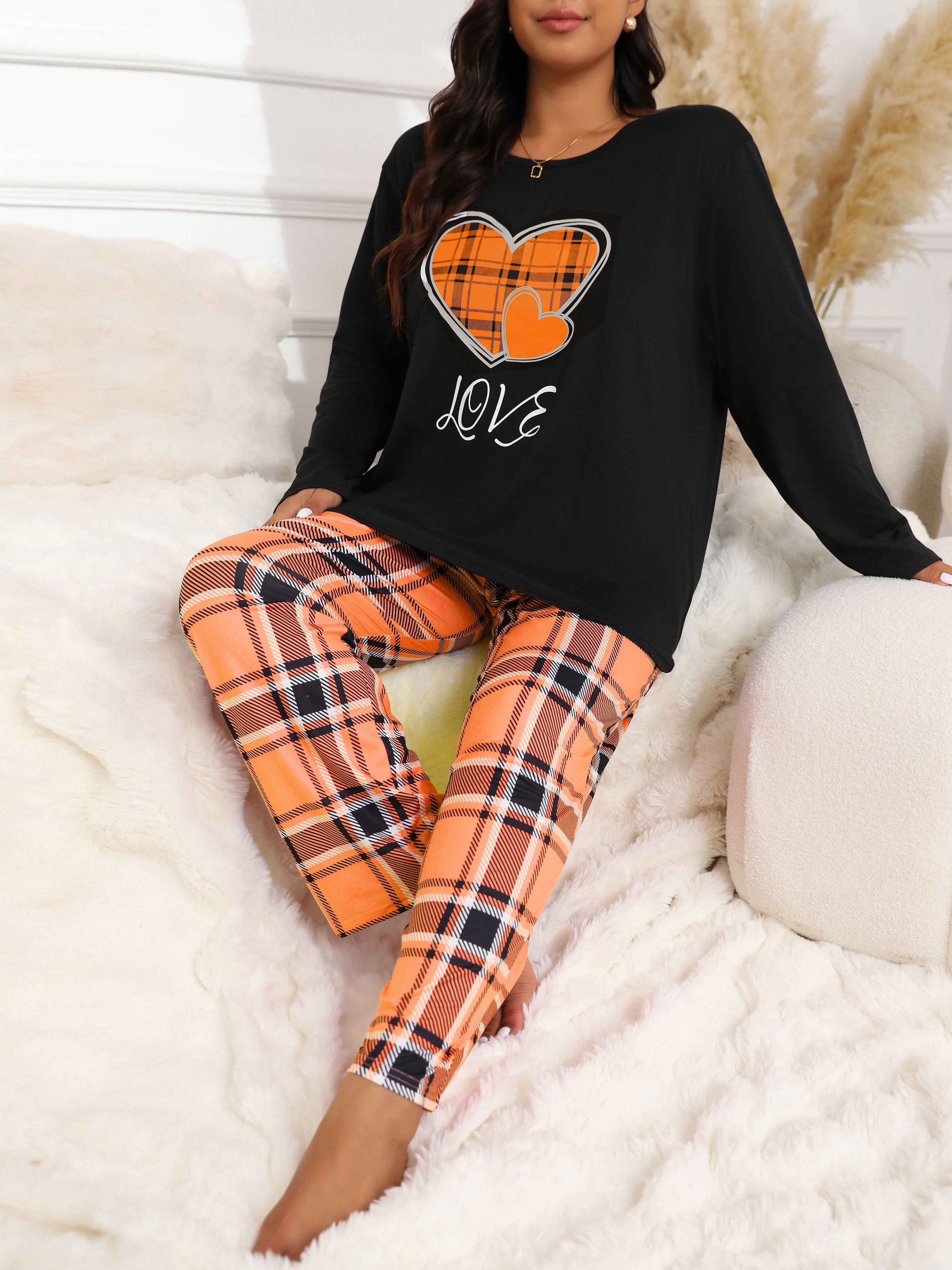 Plus Size Cozy Plaid Pajama Set - Soft Long Sleeve Top & Plaid Pants, Heart & Letter Print, Comfortable Lounge Wear for Fall & Winter, 2 Piece Set